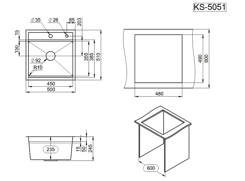 Мойка для кухни Granula Kitchen Space 5051 графит матовый, 50х51 см, квадратная