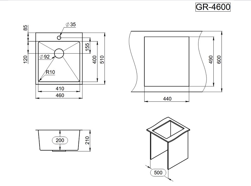 Мойка для кухни Granula 4600 графит матовый, 46х51 см, квадратная